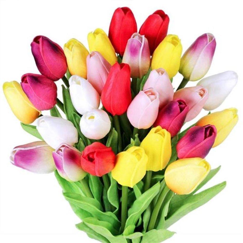 28 Pcs Multicolor Tulips Artificial Flowers Faux Bouquet Table Décor 14" Tall